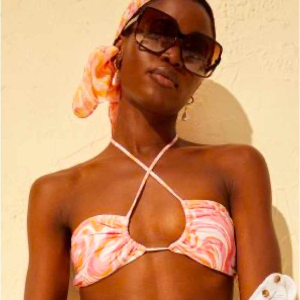 Padded Bandeau Multi-way Bikini Top Swimsuit H&M Melon Orange White Geo Print 6